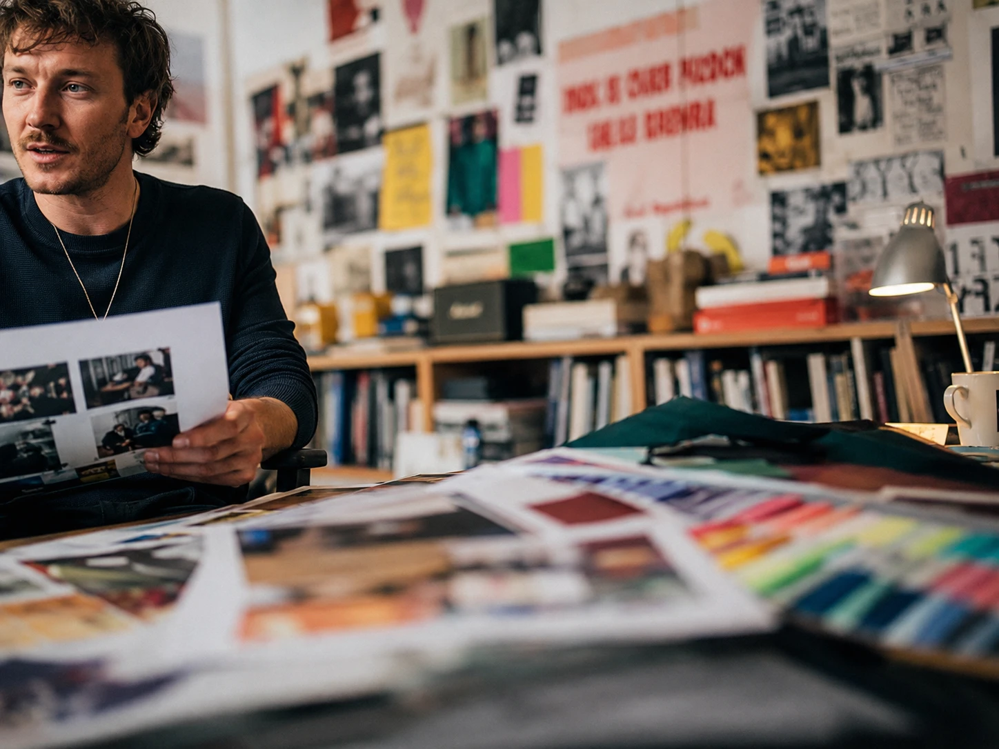The post visual: a founder at a studio table covered in printed photos and colour swatches
